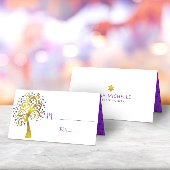 Carte De Placement Bat mitzvah Moderne Purple Gold Foil Arbre de vie (Créateur téléchargé)