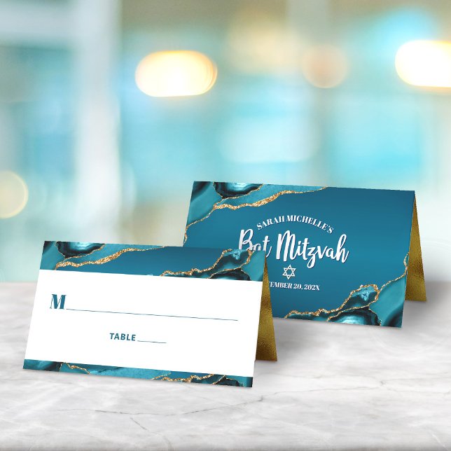 Carte De Placement Bat Mitzvah Turquoise Bleu Ombré Agate Doré Modern (Créateur téléchargé)