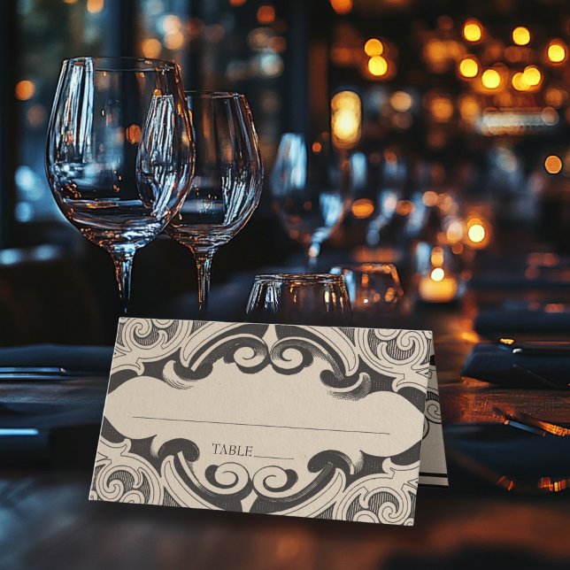 Carte De Placement Batte victorienne jusqu'à la mort Mariage noir et  (Victorian Bat Until Death Black & Tan Wedding Place Card)