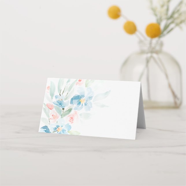 Carte De Placement Belle aquarelle bleu rose et fleurs bleues (Dos)