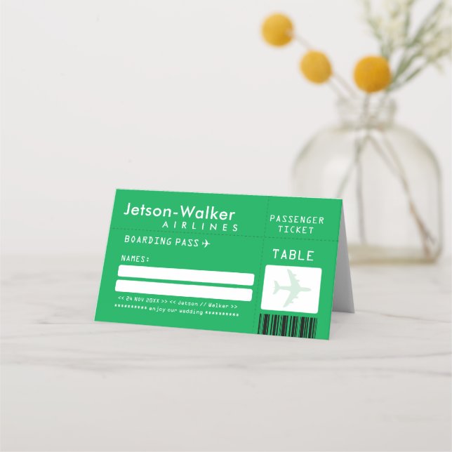 Carte De Placement Billet d'avion vert clair Mariage invité siège (Devant)