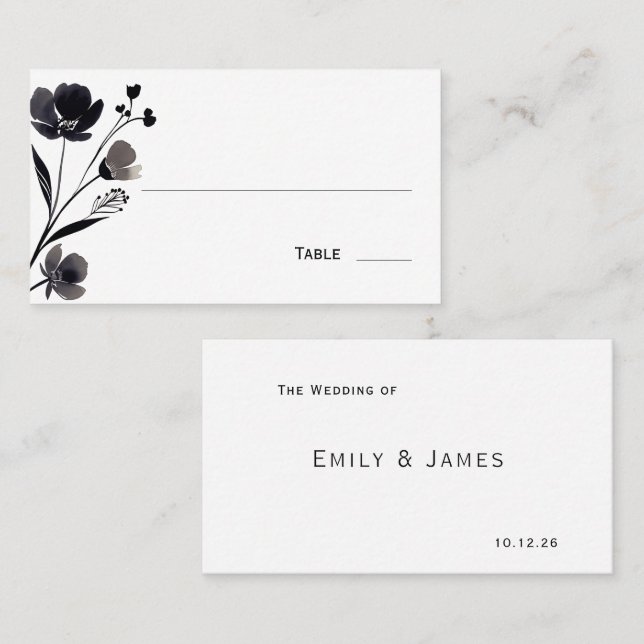 Carte De Placement Black and White Floral Wedding (Devant / Derrière)