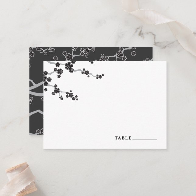 Carte De Placement Black Sakura Fleurs cerises fleurs Mariage zen (Devant/Arrière en situation)