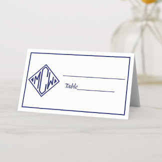 Carte De Placement Blanc Bleu Marine Diamant Police Monogramme DIY Fo