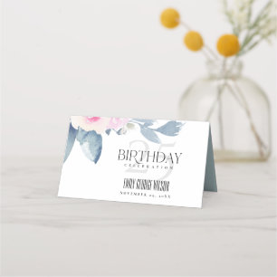 CARTE DE PLACEMENT BLANC DOUX BLEU BLEU FLORAL 25E TOUT ÂGE ANNIVERSA