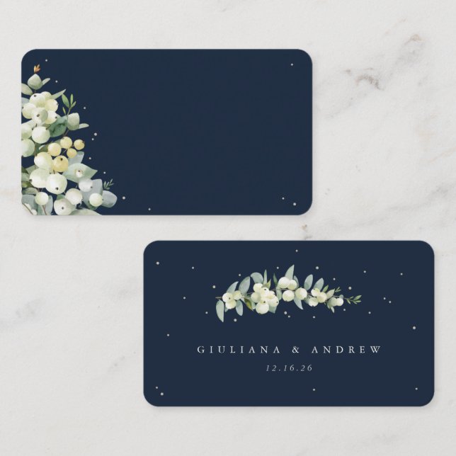Carte De Placement Blank Dark Navy Snowberry+Eucalyptus Mariage plat (Devant / Derrière)