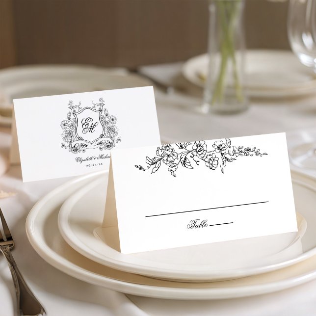 Carte De Placement Blason Floral Monogramme Élégant Mariage (Créateur téléchargé)