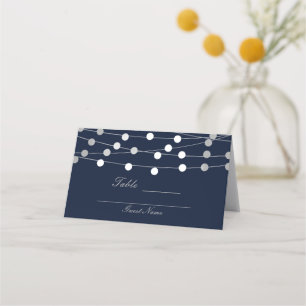 Carte De Placement Bleu & Argent Chaîne Lumières Mariage moderne Tabl