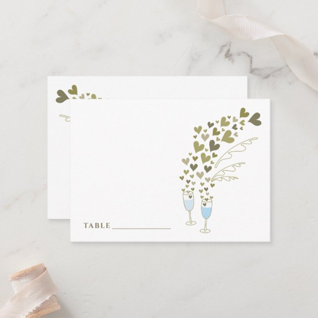 Carte De Placement Bleu Champagne Cheers Flottants Gold Hearts Mariag (Devant/Arrière en situation)