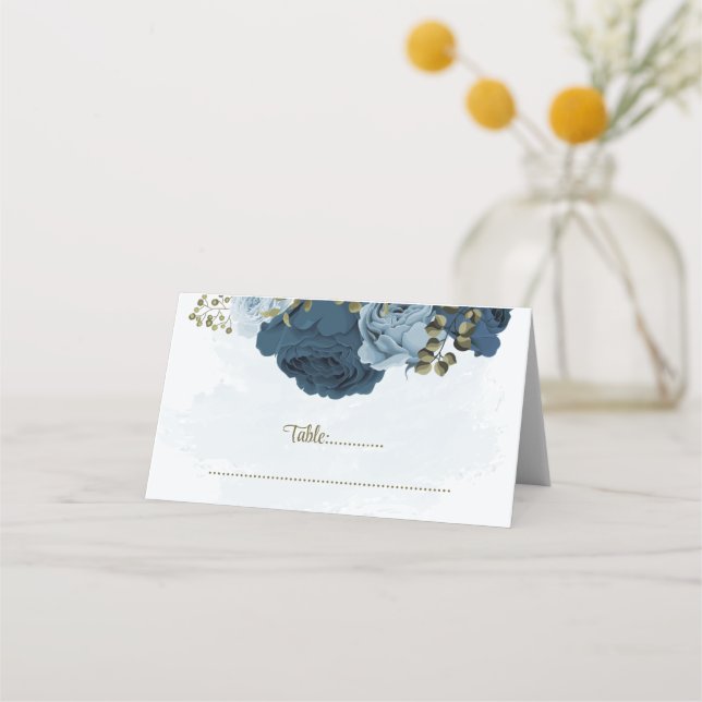 Carte De Placement bleu clair bleu marine bleu fleurs mariage botaniq (Devant)