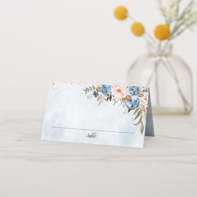 Carte De Placement Bleu Dusty Peach Blush Botanical Floral Mariage (Devant)