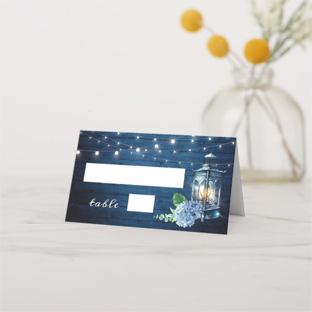 Carte De Placement Bleu Hydrangea Lanterne Marine Mariage de bois (Devant)