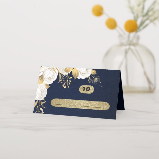 Carte De Placement bleu marine botanique or blanc (Devant)