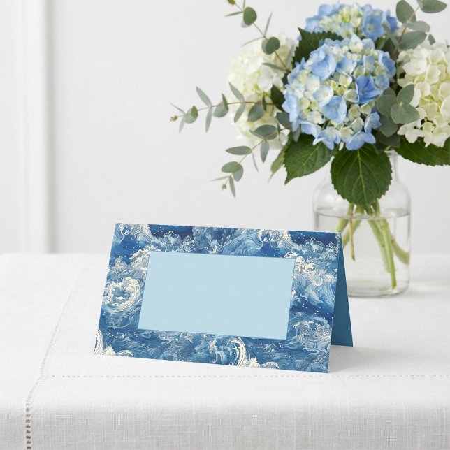 Carte De Placement Bleu océan brisant les vagues (Blue ocean crashing waves place card.)
