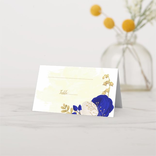 Carte De Placement bleu royal et fleurs blanches or mariage botanique (Devant)