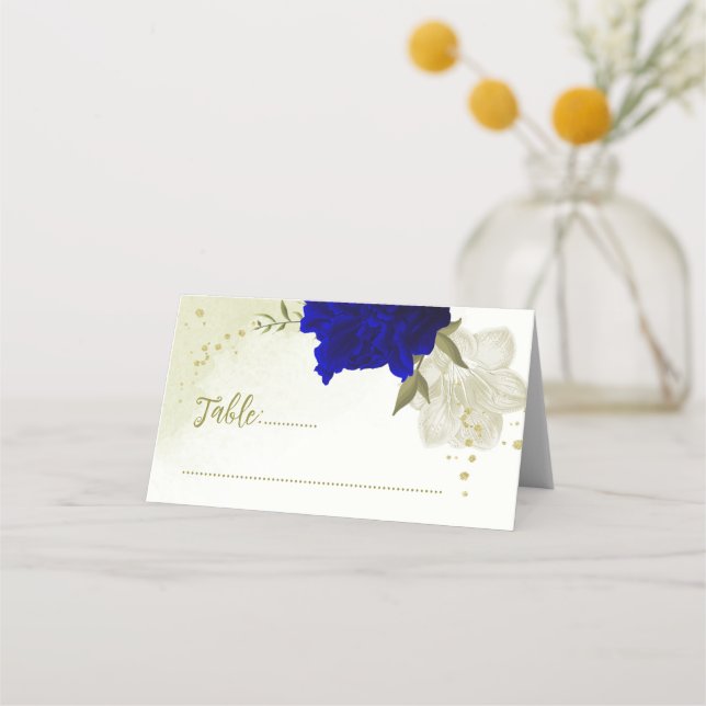Carte De Placement bleu royal fleurs blanches vert feuille mariage (Devant)