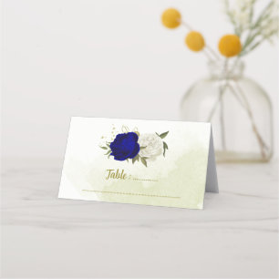 Carte De Placement bleu royal fleurs blanches vert feuille mariage