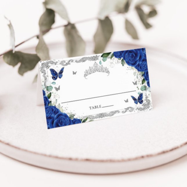 Carte De Placement Bleu Royal Floral Papillons Quinceañera Sweet 16 (Créateur téléchargé)