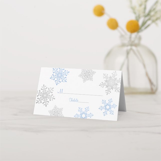 Carte De Placement Bleu Silver Flocon de neige Mariage d'hiver (Devant)
