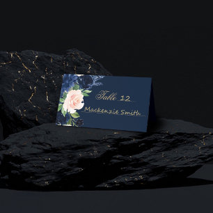 Carte De Placement Blooms Chics Floral bleu marine foncé et rose pâ