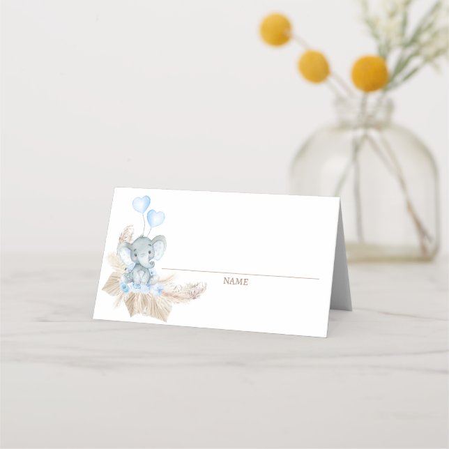 Carte De Placement Blue Boho Floral Elephant Baby shower Place Card (Devant)