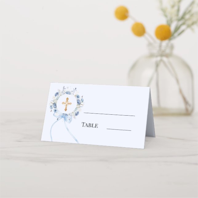 Carte De Placement Blue floral wreath gold cross bow boy baptism (Devant)