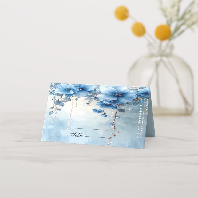 Carte De Placement Blue Flowers and Pearls Place Card (Devant)