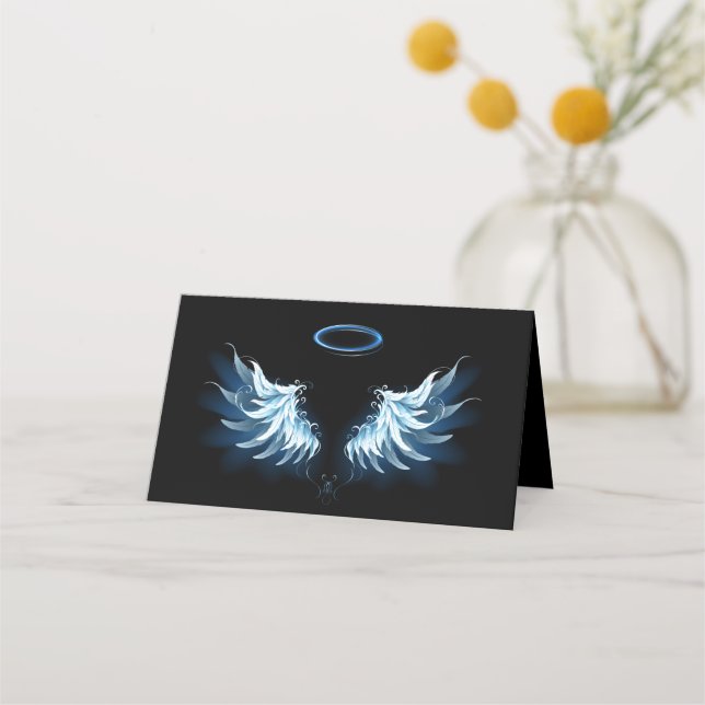 Carte De Placement Blue Glowing Angel Wings on black background (Devant)