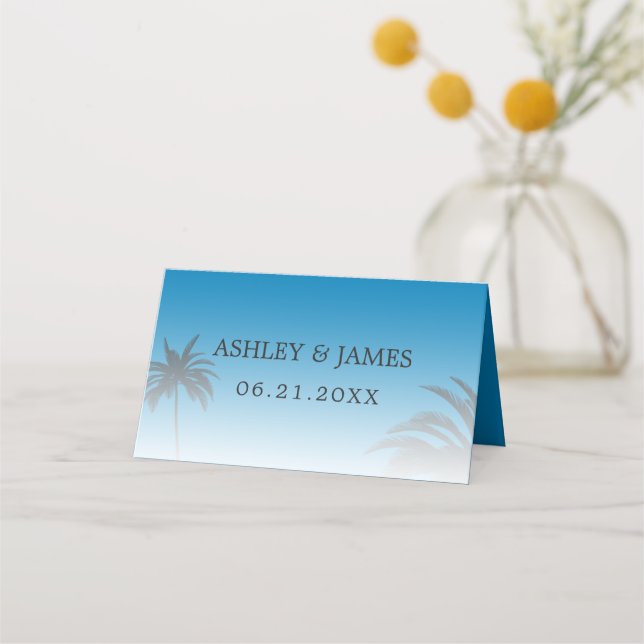 Carte De Placement Blue Tropical Palm Tree Beach Wedding (Devant)
