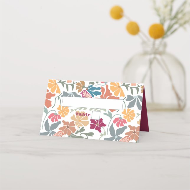 Carte De Placement Boho Chic Floral Mariage Rétro Milieu de Siècle (Devant)
