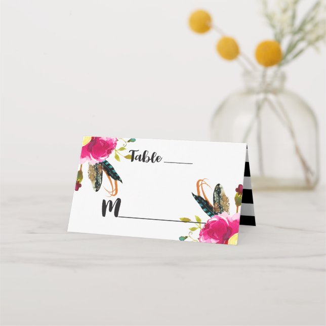 Carte De Placement Boho Chic Floral Numéro de table Nom du siège (Devant)