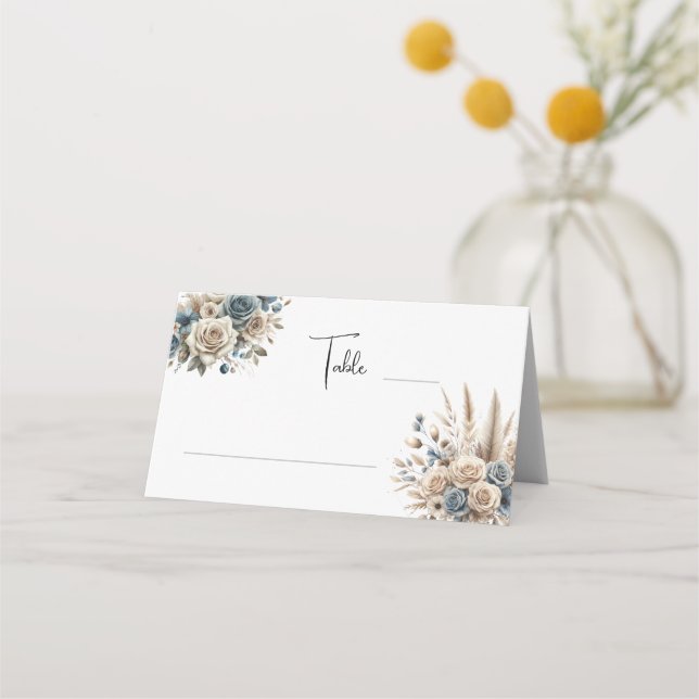 Carte De Placement Boho Herbe de Pampas Floral Bleu Poussiéreux, Mode (Devant)