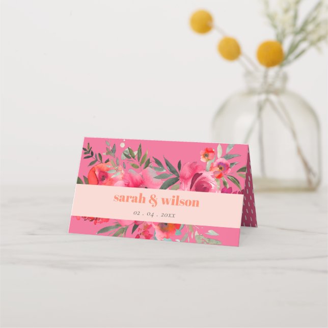 Carte De Placement Boho Hot rose Orange Floral Mariage (Devant)