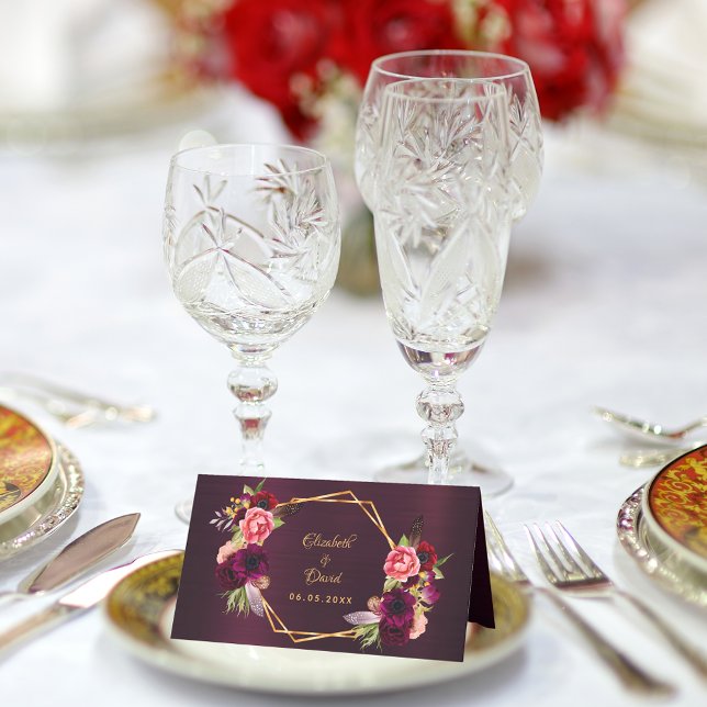 Carte De Placement Boho mariage de fleurs roses bordeaux (Créateur téléchargé)