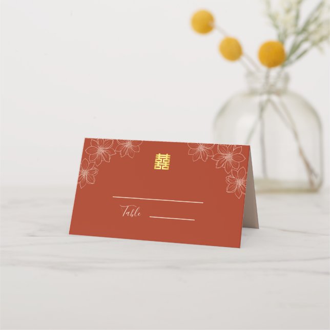 Carte De Placement Boho rouge moderne floral mariage chinois (Devant)
