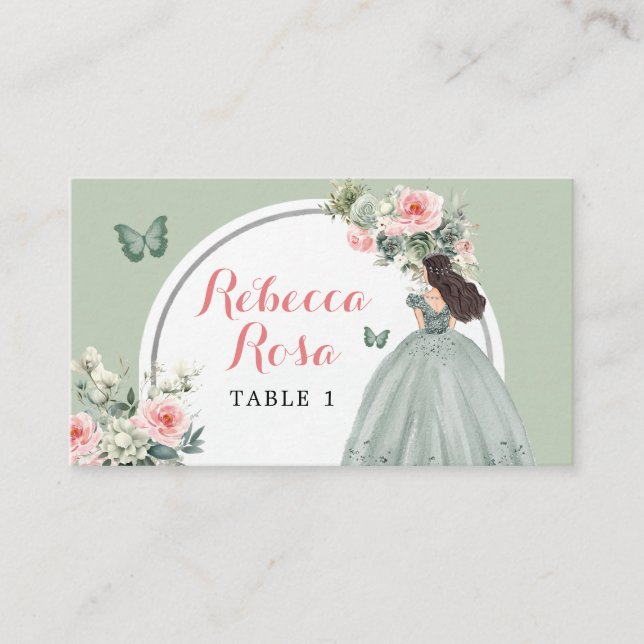 Carte De Placement Boho Sage Green Princess Quinceañera Floral (Devant)
