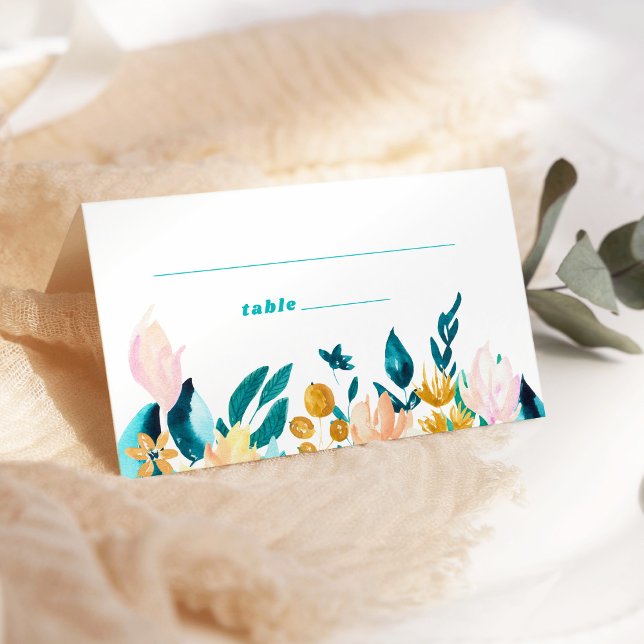 Carte De Placement Boho Turquoise bleu et or aquarelle Mariage floral (Créateur téléchargé)