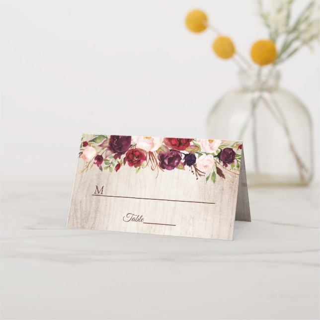 Carte De Placement Bois rustique Bourgogne Blush Floral Mariage Table