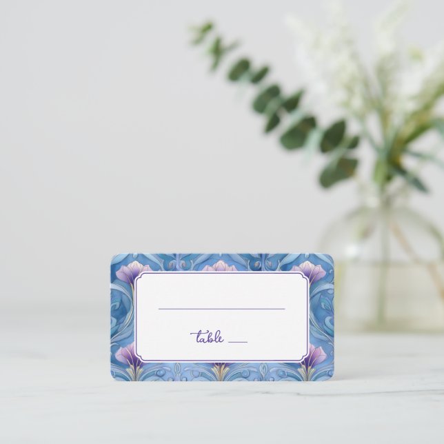 Carte De Placement Bordure Florale Bleue Élégante (Debout devant)