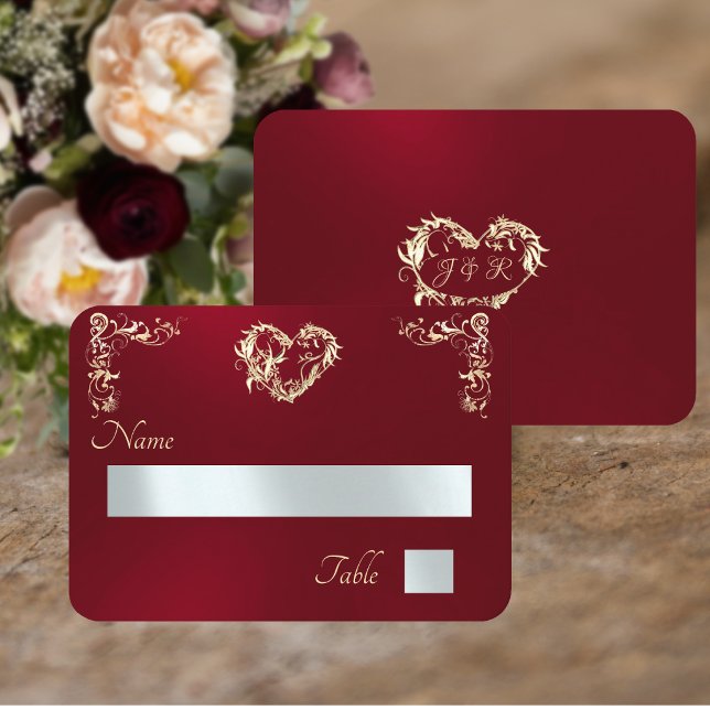 Carte De Placement Bordure Vintage & Monogramme - Rouge (Créateur téléchargé)