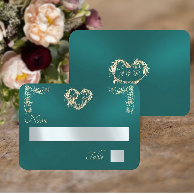Carte De Placement Bordure Vintage & Monogramme - Turquoise (Créateur téléchargé)