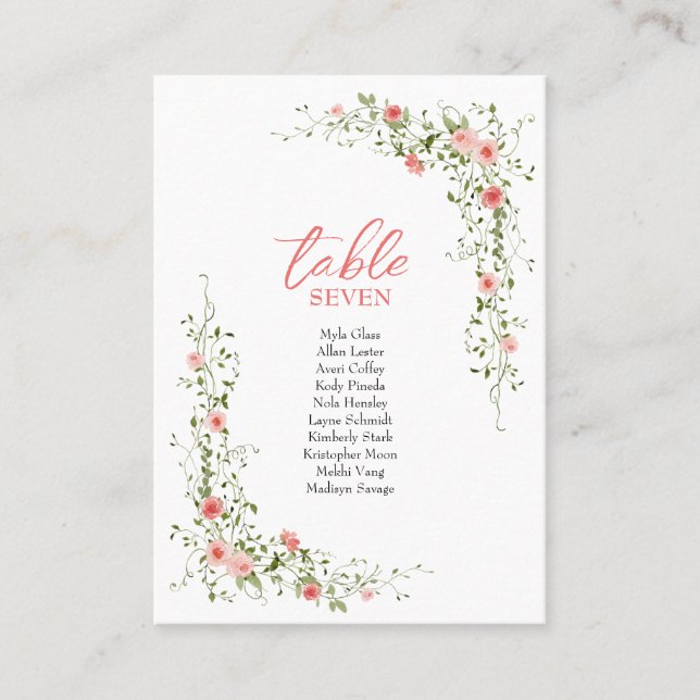 Carte De Placement Botanique Elegant rose roses Script Mariage (Devant)
