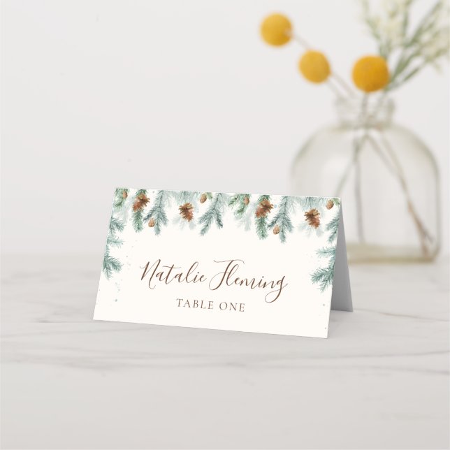 Carte De Placement Branches de pin verdoyante d'hiver Mariage cône (Dos)