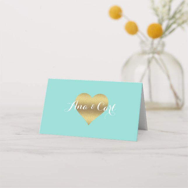 Carte De Placement BRIDE & CO Gold Heart Turquoise Blue Merci (Devant)