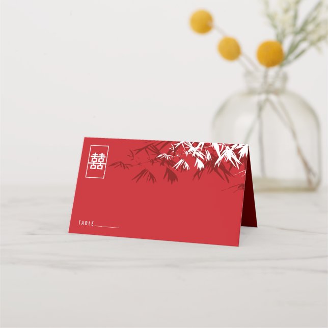 Carte De Placement Burgundy Bamboo Feuille double Xi Mariage chinois (Devant)