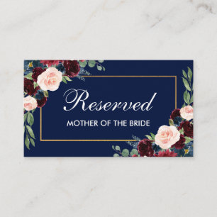 Carte De Placement Burgundy Blue Floral Gold Mariage Nom réservé