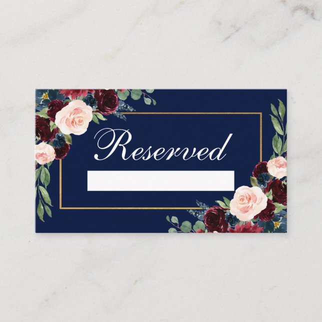 Carte De Placement Burgundy Blue Floral Gold Mariage Réservé (Devant)