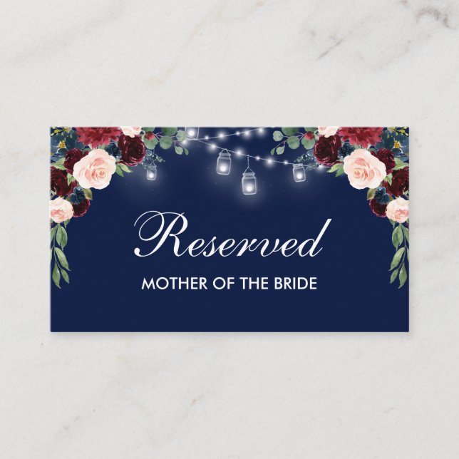 Carte De Placement Burgundy Blue Floral Lights Mariage Nom réservé (Devant)