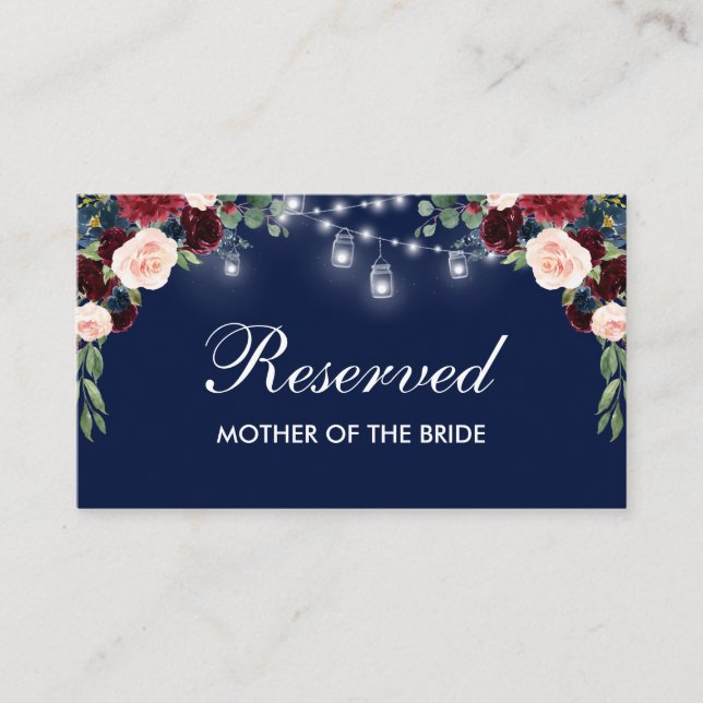 Carte De Placement Burgundy Blue Floral Lights Mariage Réservé Nom (Devant)