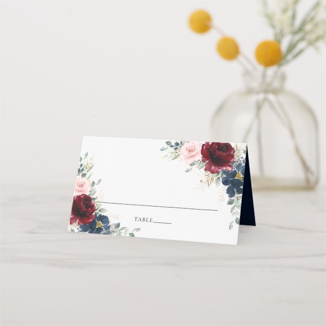 Carte De Placement Burgundy Blush Blue Floral Mariage Nom d'hôte (Devant)